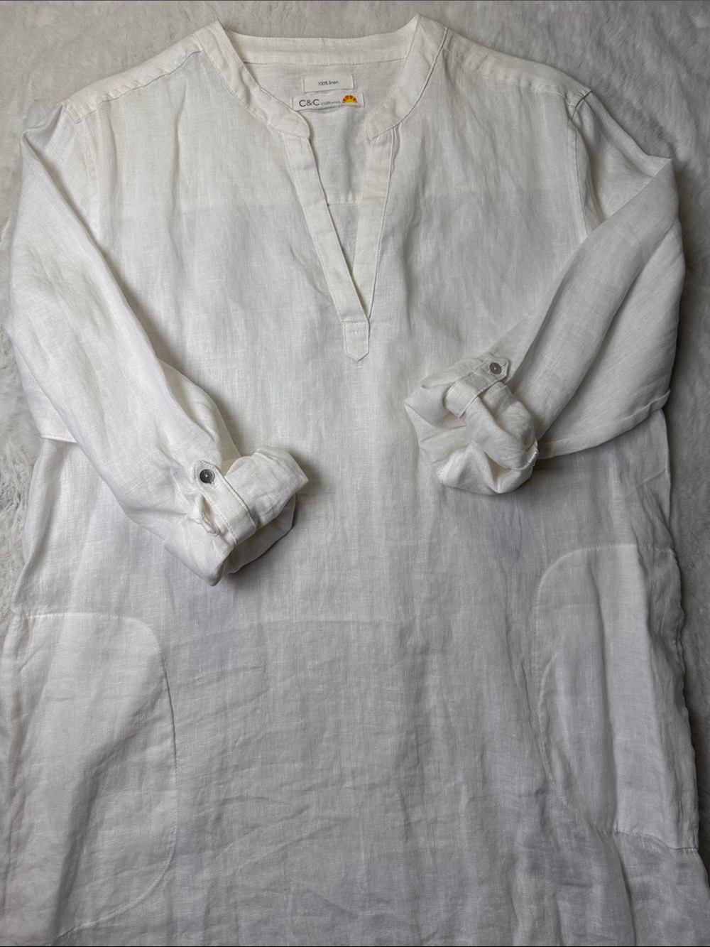 C&C California Linen Tunic Dress L White Split Neck Roll Tab Sleeve Pockets Read - Picture 12 of 14